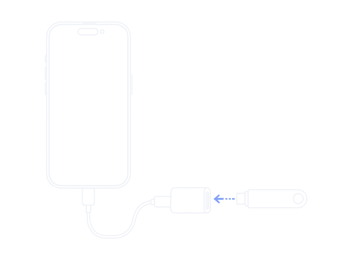 Line illustration of a phone, adapter, and USB-C flash drive