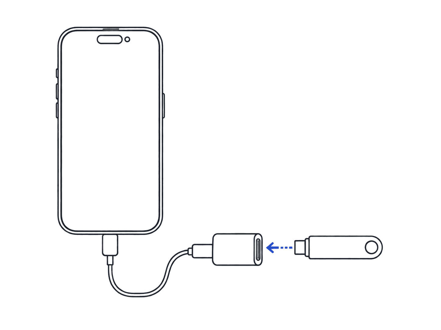 Line illustration of a phone, adapter, and USB-C flash drive