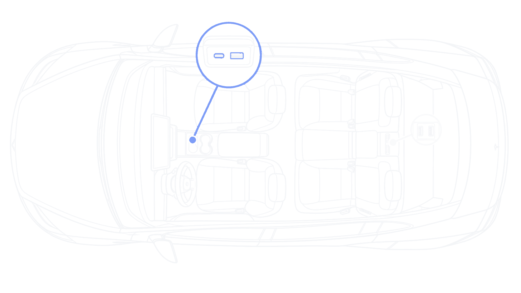 Overhead line illustration marking the data ports for a Model 3 guide