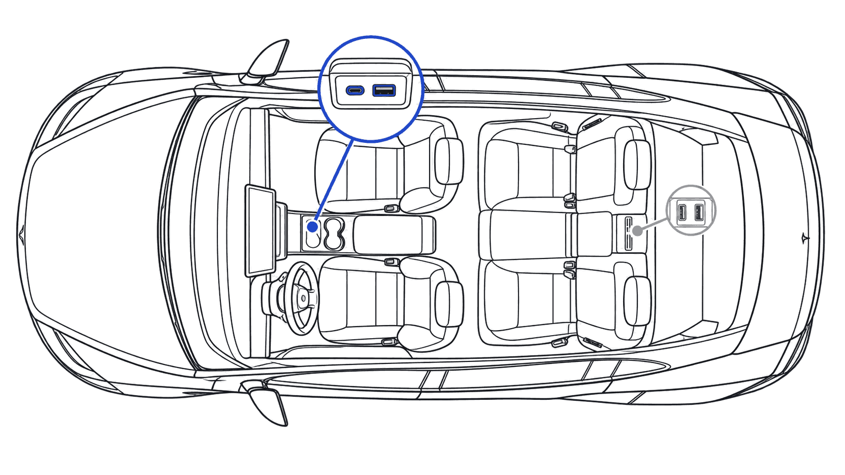 Overhead line illustration marking the data ports for a Model 3 guide