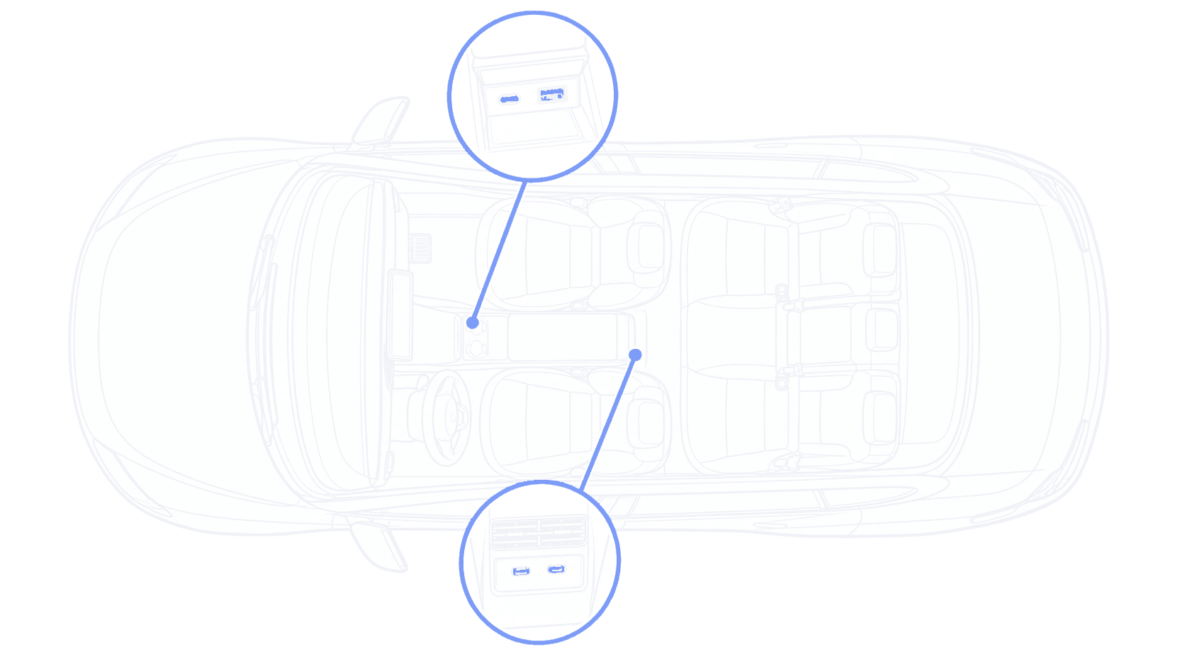 Overhead line illustration marking the data ports for a Model S guide