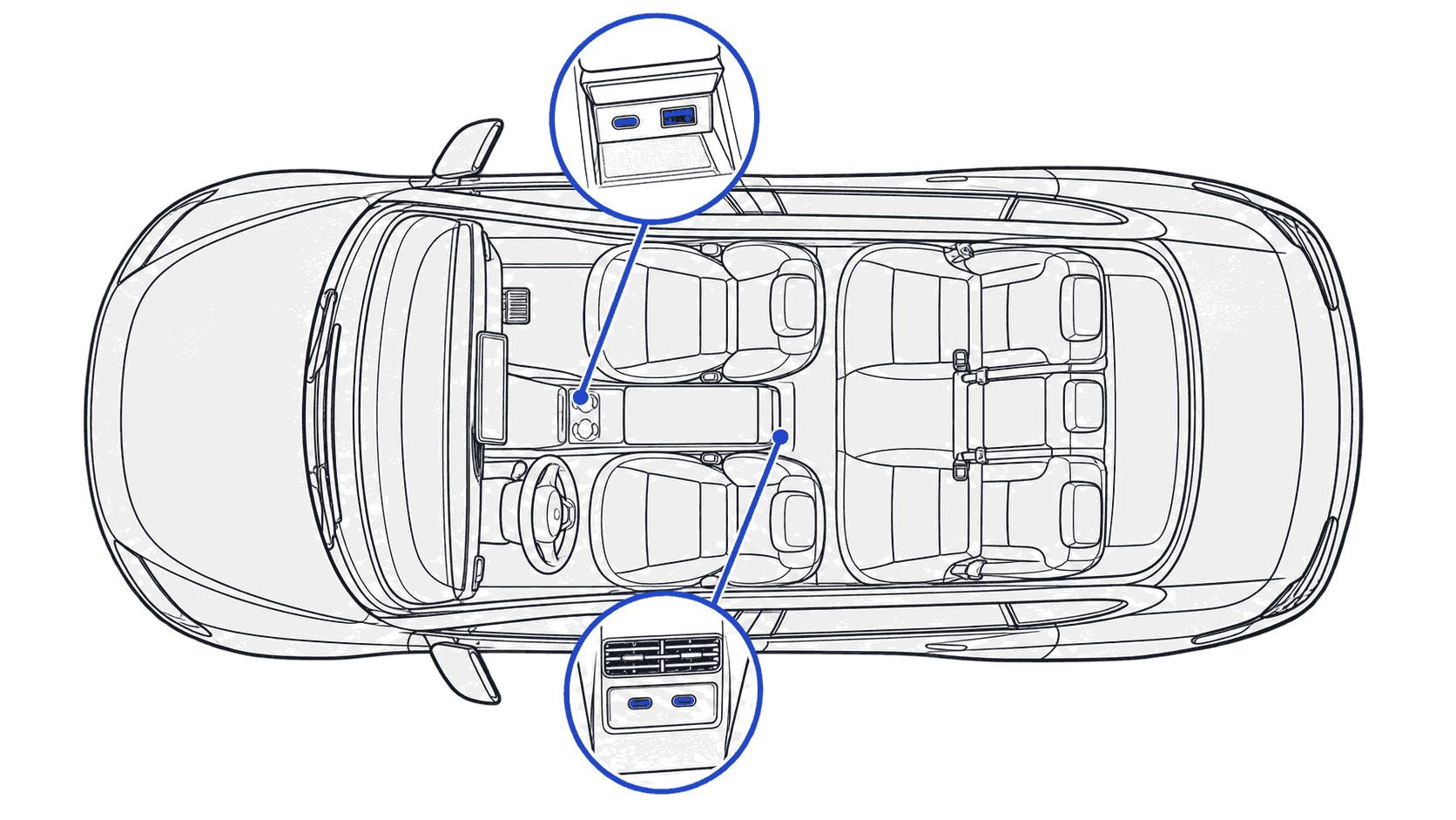 Overhead line illustration marking the data ports for a Model S guide