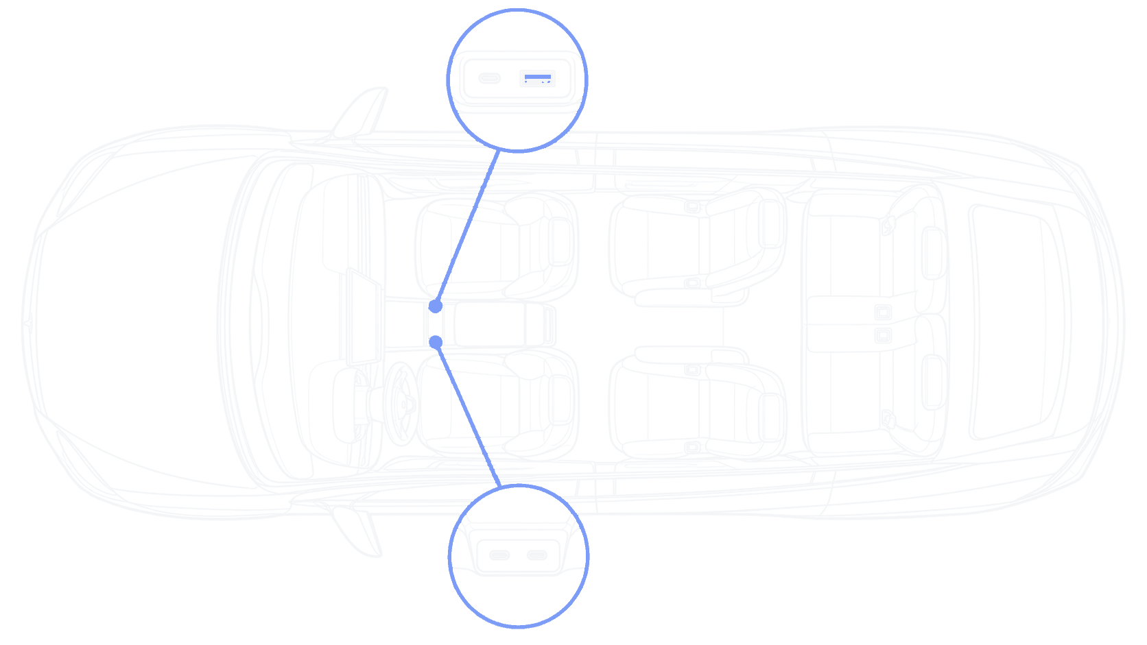 Overhead line illustration marking the data ports for a Model X guide
