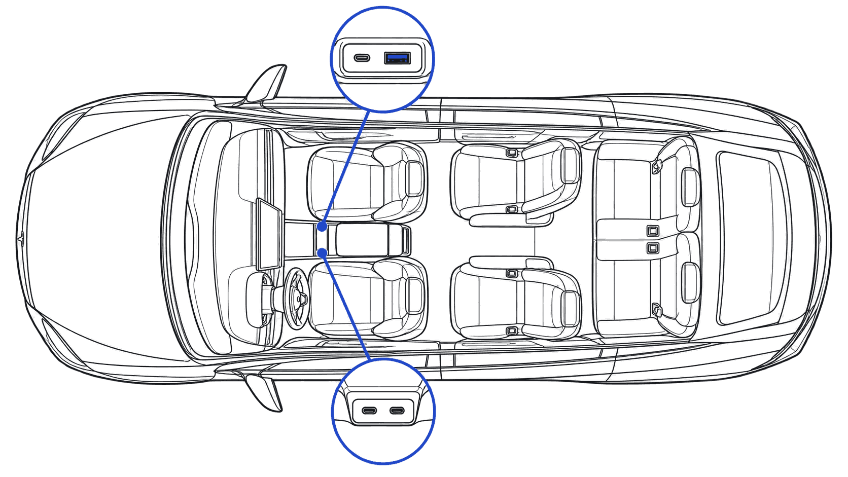 Overhead line illustration marking the data ports for a Model X guide