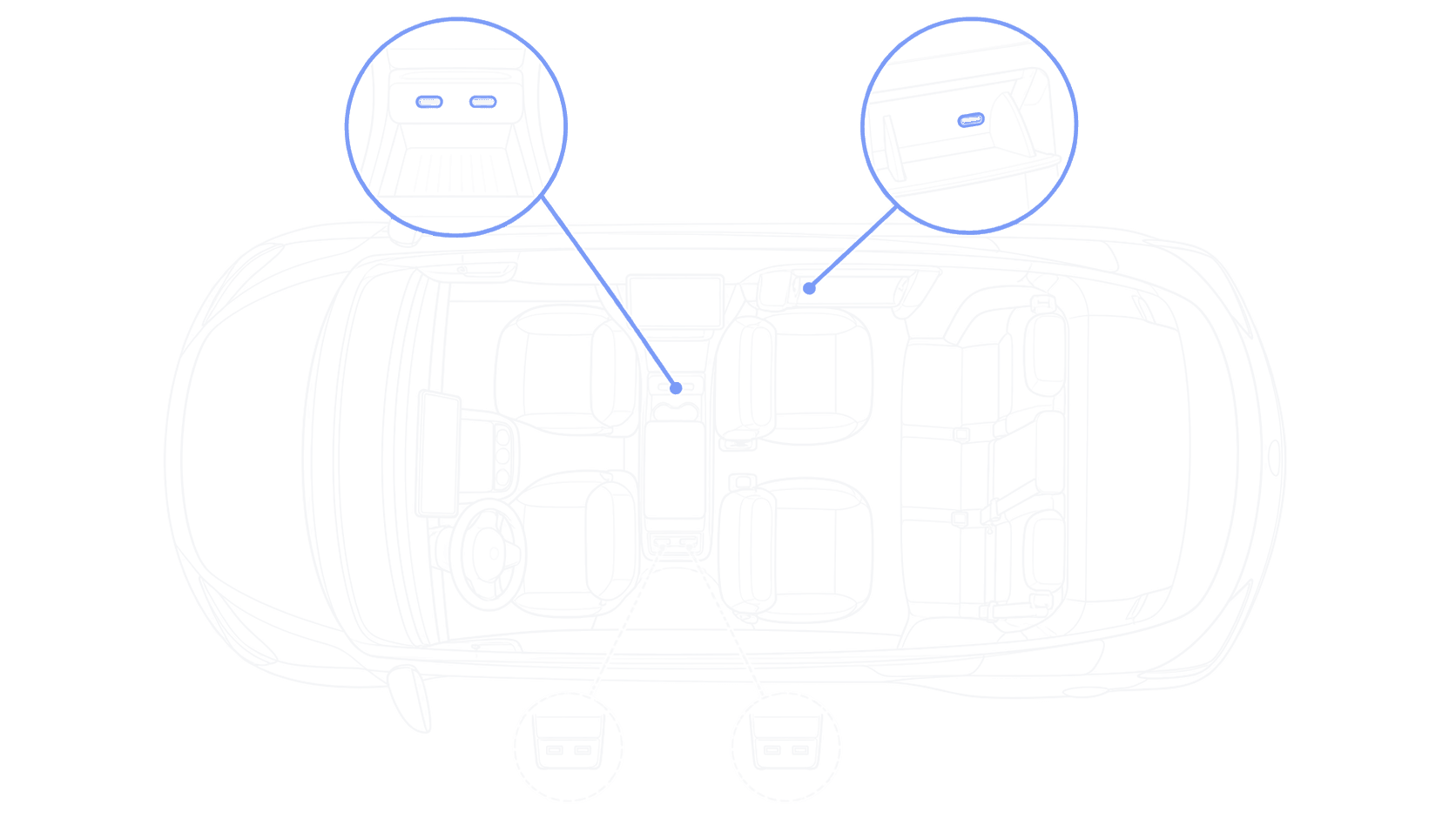 Overhead line illustration marking the data ports for a Model Y guide